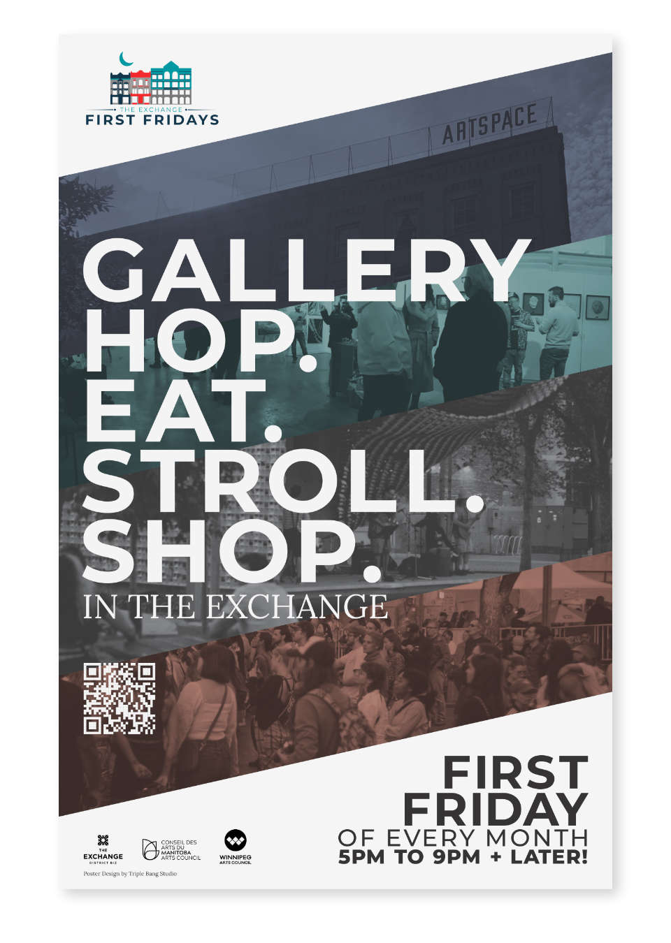 graphic. first fridays in the exchgange poster. caption: gallery hop, eat, stroll, shop.