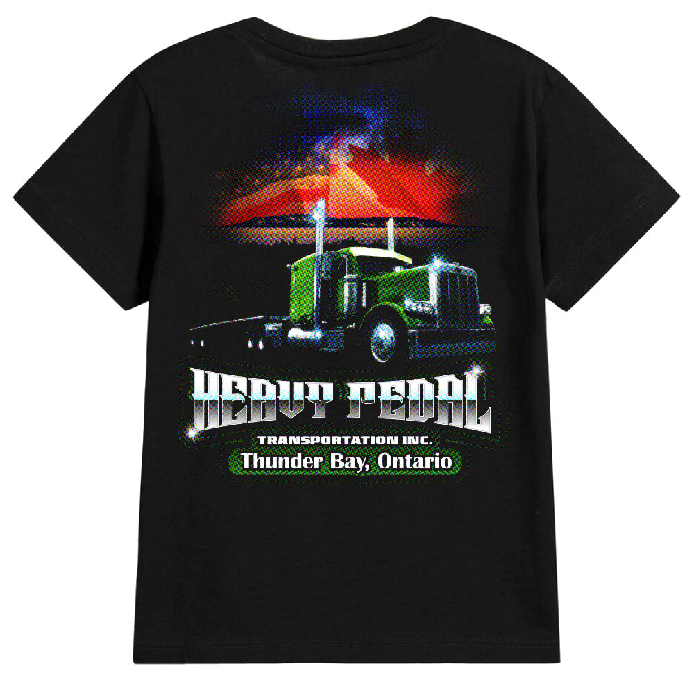 mockup. black t-shirt with green semi-truck design.