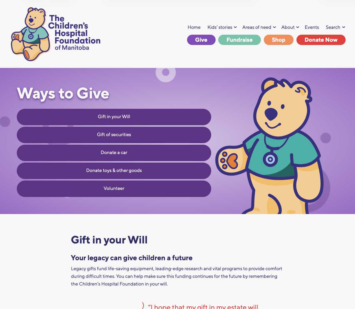 screenshot. children's hospital foundation success stories page.